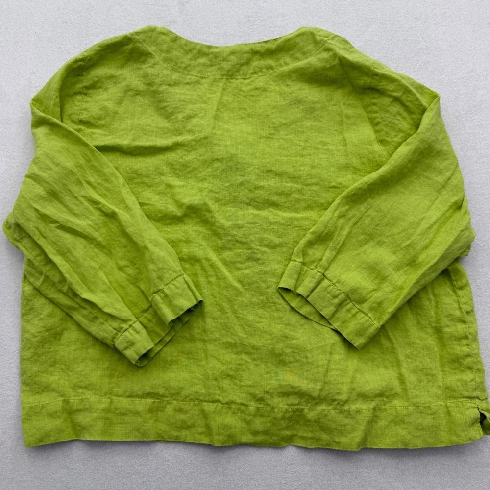 FLAX Womens Size L Large 100% Linen V-Neck Button Front Blouse Lime Green - Picture 5 of 7